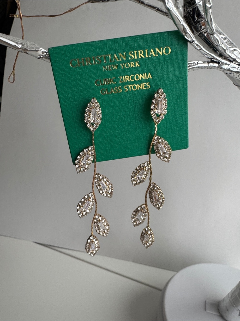 Christian Siriano Gold Leaf Vine Drop Earrings with Clear Crystals